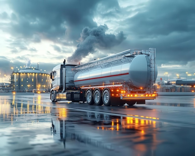 Photo fuel tanker truck at a largescale distribution center fuel transportation logistics and supply chain efficiency