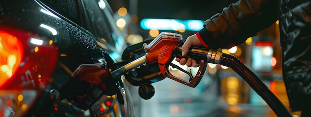 Photo fueling up closeup of gasoline pumped into car transportation concept