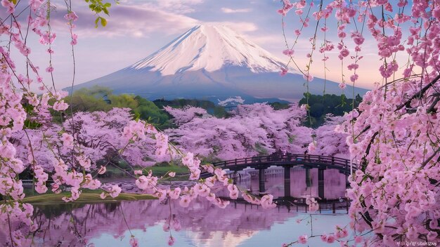 Fuji mountain and cherry blossoms in spring japan