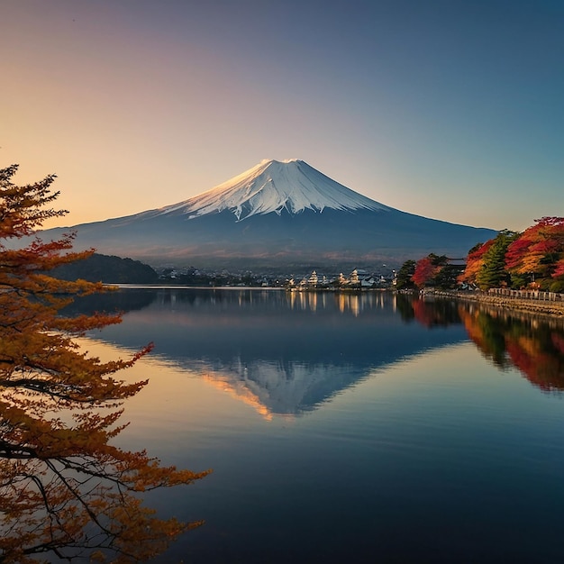 Fuji mountain and Kawaguchiko lake at sunset Autum