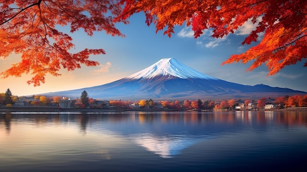 Fuji mountain and lake in morning with autumn seasons leaves in japan