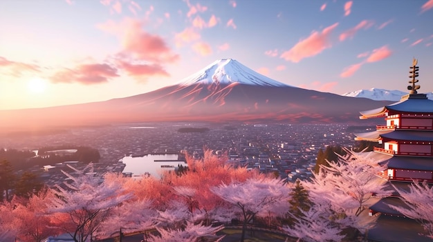 Fujiyoshida Japan Beautiful view of mountain Fuji and Chureito pagoda at sunset Generative AI