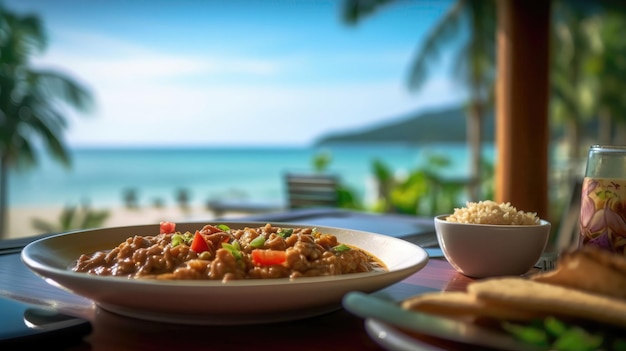 Ful Medames On A Wooden Table Backdrop Of The Bergue Thailand Cafe Generative AI