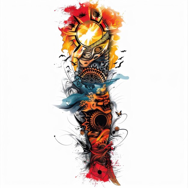 Photo a full arm sleeve tattoo design featuring a cultural blend of traditional african and asian art isol