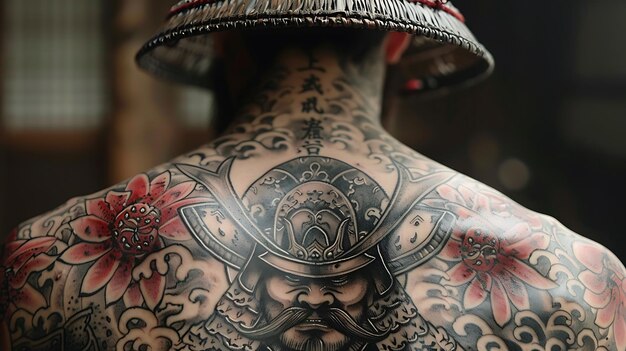 Photo full back tattoo of japanese samurai traditional style with intricate details