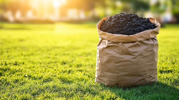 Photo full bag of fertilizer standing on lush green grass at sunset