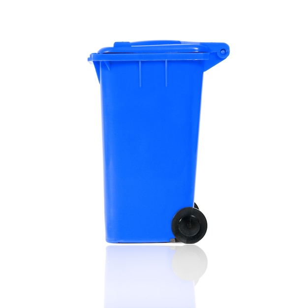 Full blue recycling bin with plastic