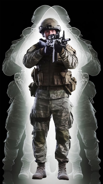 Full body of Army soldier aiming with a rifle front view on transparency background PNG