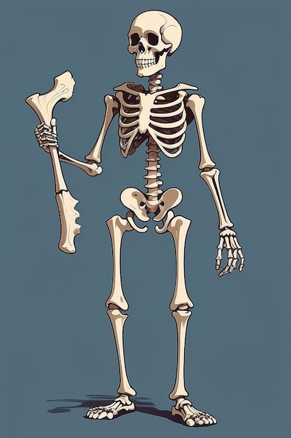 Full body cartoon skeleton smiling and holding a bone