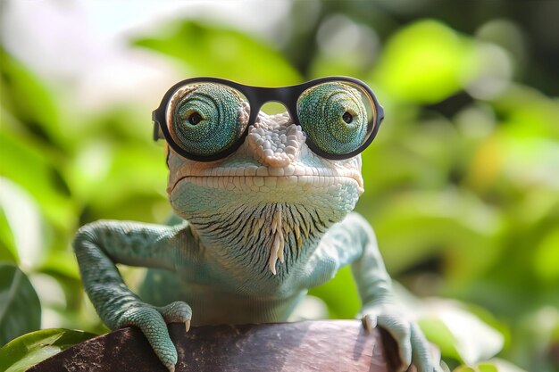 Photo full body chameleon wearing sunglasses reptile animal