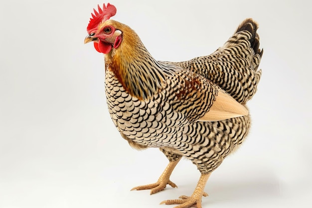 Full body of a chicken hen with a distinctive red comb standing on an isolated white background