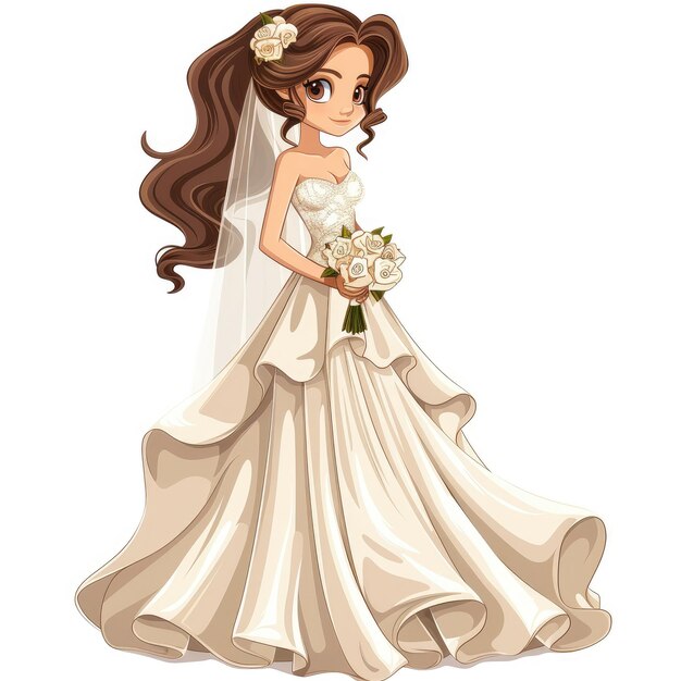 Photo a full body clipart of a beautiful bride she is wearing a stunning white wedding dress and has brown