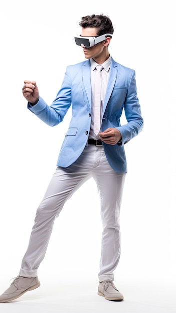 full body fashion male model wearing VR Virtual Reality vision device in white shirt blue blazer