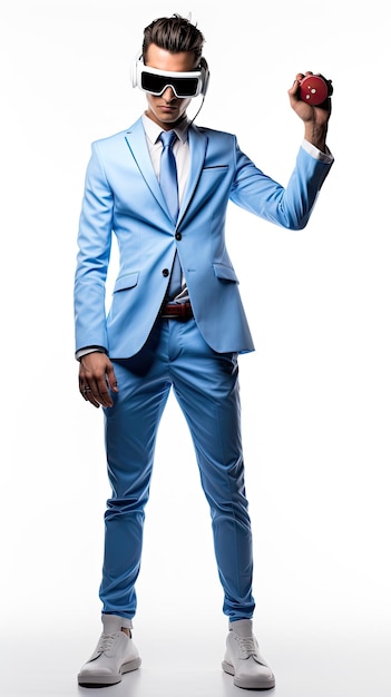 full body fashion male model wearing VR Virtual Reality vision device in white shirt blue blazer