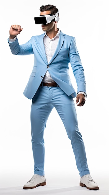 full body fashion male model wearing VR Virtual Reality vision device in white shirt blue blazer