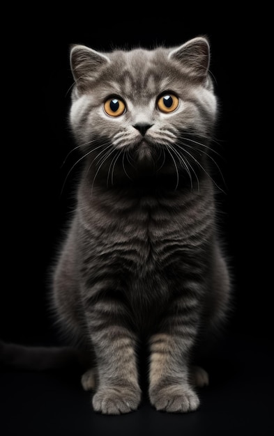 Full body front view studio portrait beautiful british cat sitting and looking in camera isolated on black background