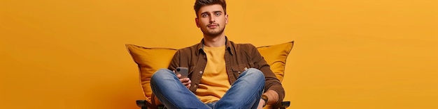 Full body fun young Caucasian man in brown shirt