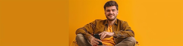 Full body fun young Caucasian man in brown shirt