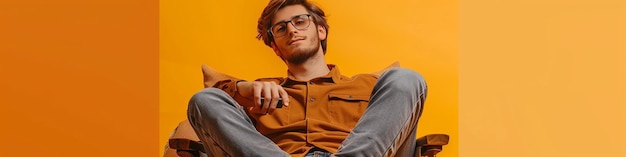 Full body fun young Caucasian man in brown shirt