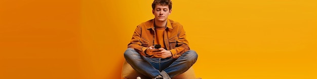 Full body fun young Caucasian man in brown shirt