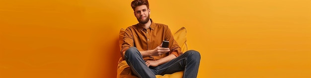 Full body fun young Caucasian man in brown shirt