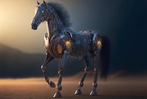 Full body horse robot scene epic little glowing eyes generative ai