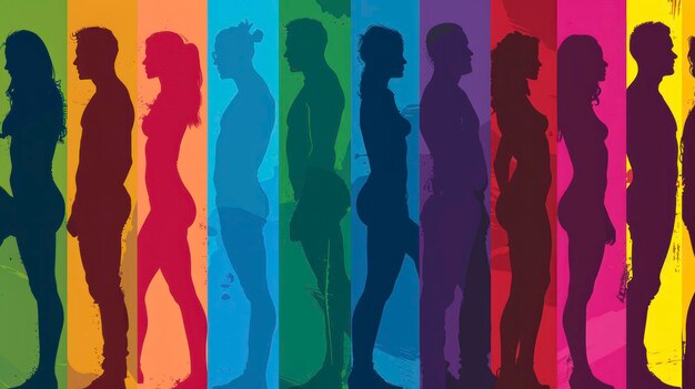 full body illustrations of diverse people silhouettes in five solid colors showcasing gender and ethnicity differences