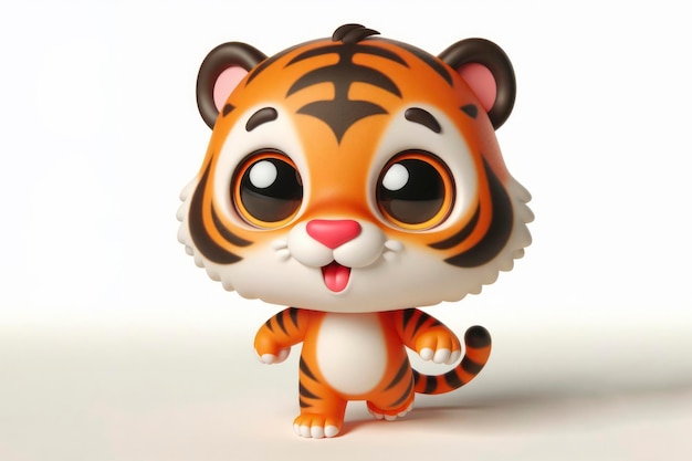 full body little cute happy tiger 3d character with bulging eyes on solid a white background ai generative