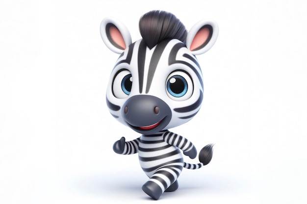 full body little cute happy zebra 3d character with bulging eyes on solid a white background ai generative