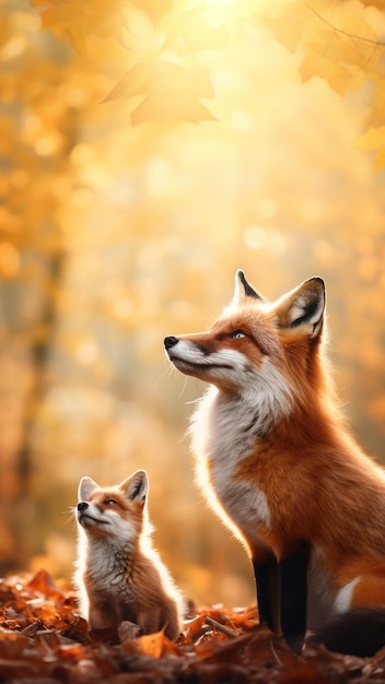 full body a mother fox stands with kid gather around Beside her