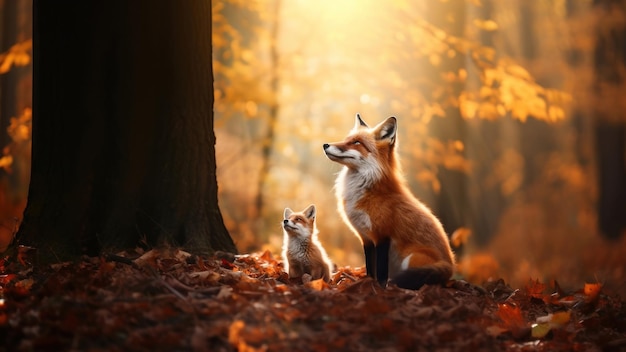 Photo full body a mother fox stands with kid gather around beside her