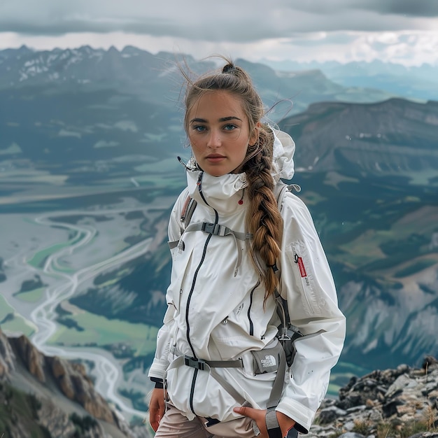 Photo a full body photo of an attractive woman wearing the north face one fuller rain jacket in white