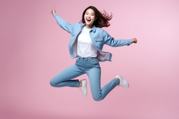 Full body photo of cheerful positive crazy woman jump up raise hands active isolated on yellow color