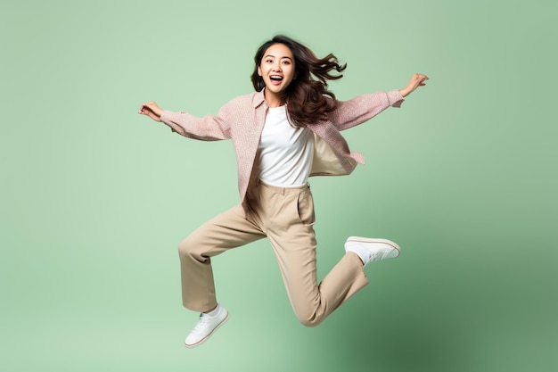 Full body photo of cheerful positive crazy woman jump up raise hands active isolated on yellow color