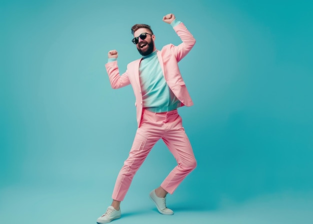 Photo full body photo of happy man in pink suit and sunglasses dancing on blue background