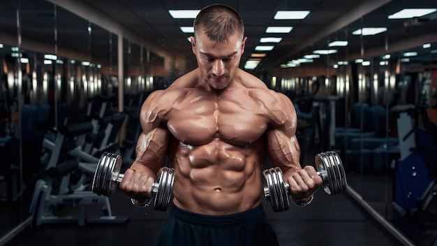 Full body portrait of athletic shirtless male doing biceps workouts with dumbbells in a gym club