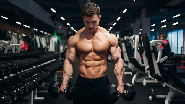 Full body portrait of athletic shirtless male doing biceps workouts with dumbbells in a gym club