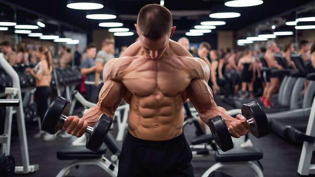 Full body portrait of athletic shirtless male doing biceps workouts with dumbbells in a gym club