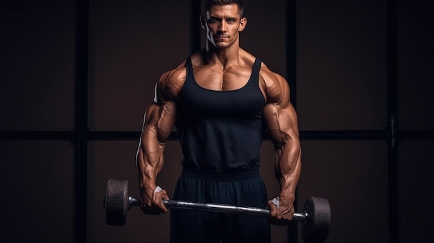 Full body portrait of athletic shirtless male doing biceps workouts with dumbbells