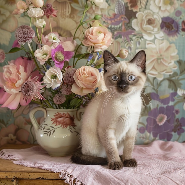 Photo full body portrait of cute siames kitten over an embroidered pink fabric over a wood table next to