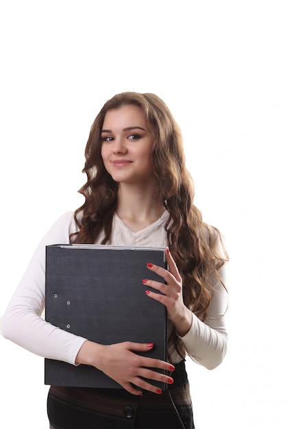 Full body portrait of happy smiling business woman with black folder