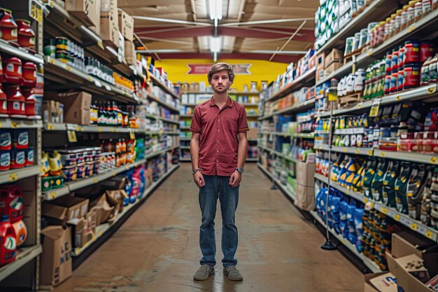 Full Body Portrait of Retail Associate in Store with Merchandise Shelves