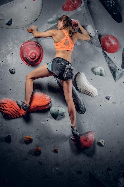 Full body portrait of sporty female climbing on an indoor climbing wall.