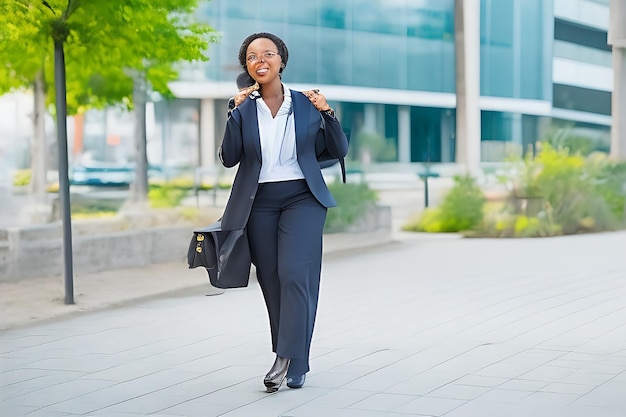 Full body portrait of successful African American business woman having phone call outdoor