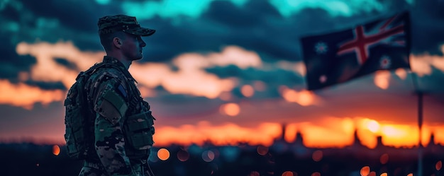 full body side silhouette of an Australiansoldier with double exposure of the Australianflag in silhouette