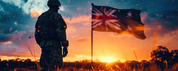 full body side silhouette of an Australiansoldier with double exposure of the Australianflag in silhouette