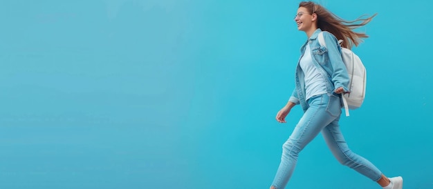 Full body side view of a beautiful woman in a pink tshirt and jeans running on a blue background