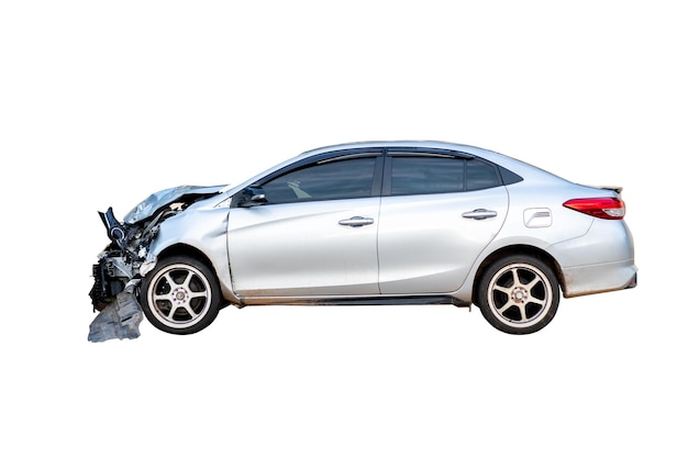 Full body side view of white car get damaged by accident on the road damaged cars after collision Isolated on white background with clipping path