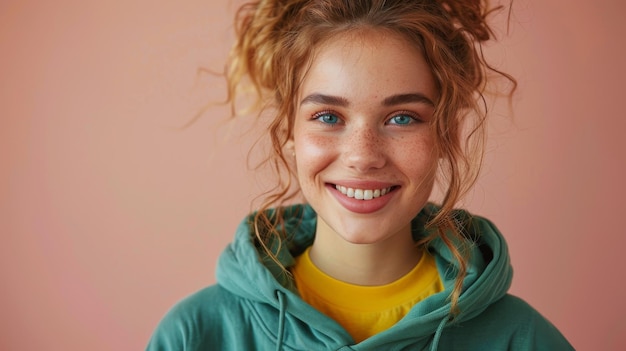 Full body smiley happy ginger woman wears green hoody casual clothes step aside with index finger on plain pastel light pink background Lifestyle concept