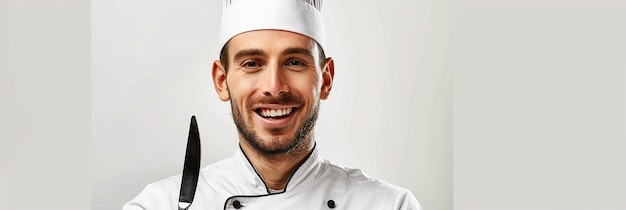 Photo full body smiling chef in cooking uniform with fork and knife